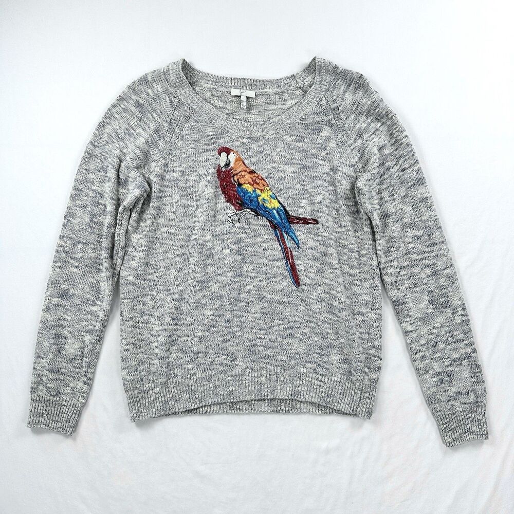 Joie Bird Sweater Womens Medium Gray Heathered Parrot Cotton Knit